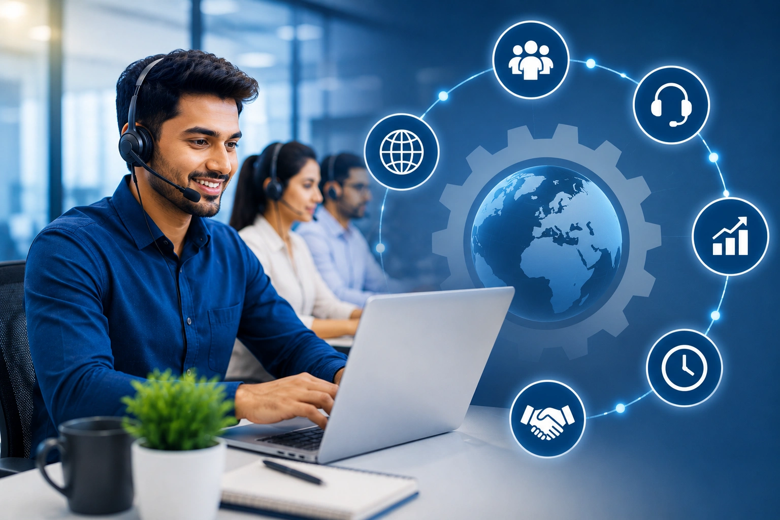 Professional outsourced customer service team providing 24/7 business support, live chat, phone support, email support, and customer care solutions