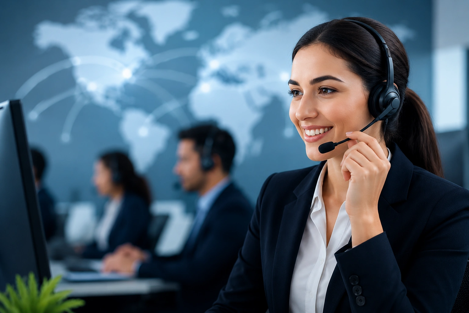 Professional customer support executive providing 24/7 customer service and technical support for businesses.