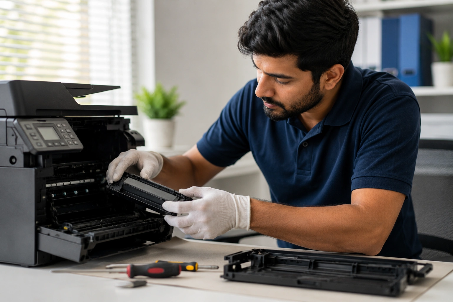 Professional technician repairing a multifunction printer with expert printer maintenance and repair services for home and business users.