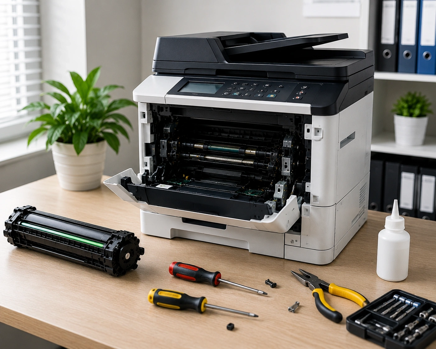 NextGenAssist multifunction office printer opened for professional repair and toner cartridge maintenance with repair tools