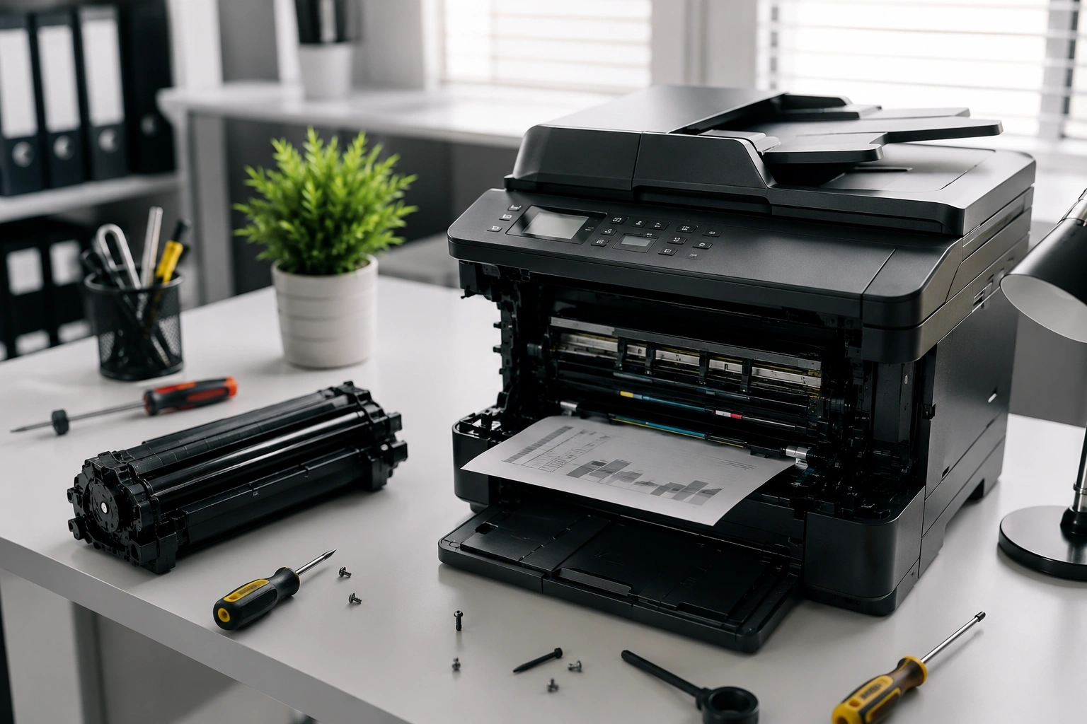 NextGenAssist office printer repair workstation with toner cartridge and maintenance tools