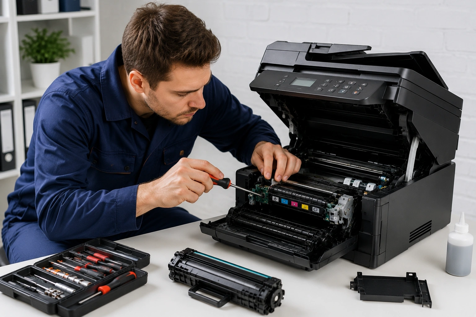 Professional printer repair technician servicing a multifunction office printer with diagnostic tools and toner cartridge replacement