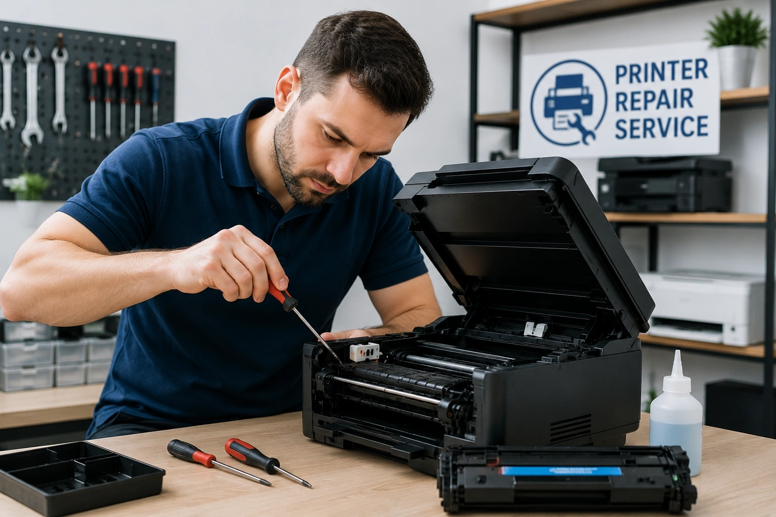 NextGenAssist printer repair technician servicing a multifunction office printer