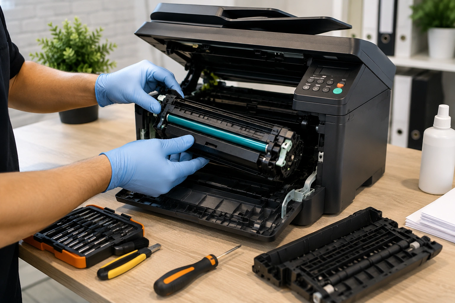 NextGenAssist technician replacing a laser printer toner cartridge during professional printer maintenance