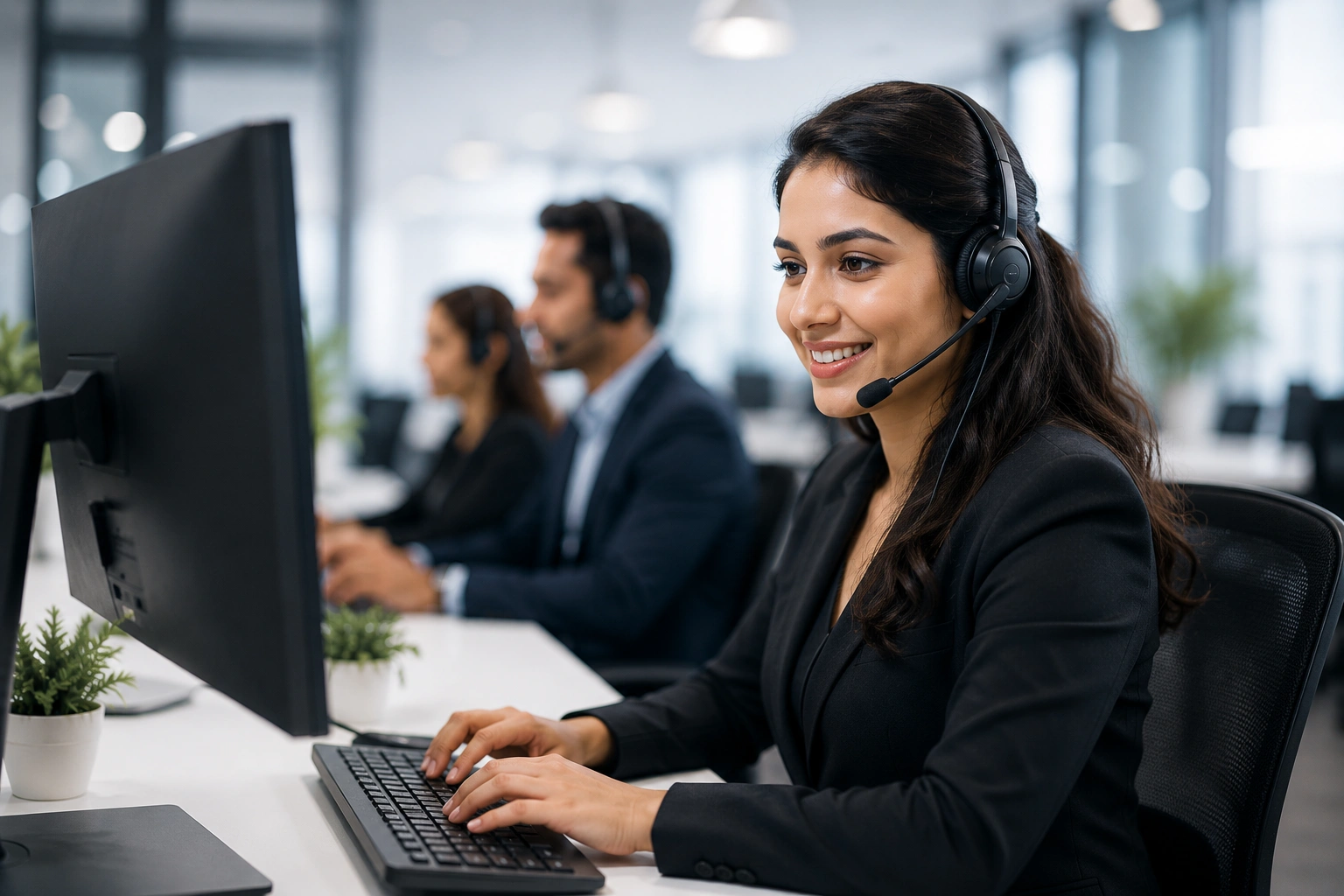 Professional NextGenAssist customer care executive providing online customer support through a headset