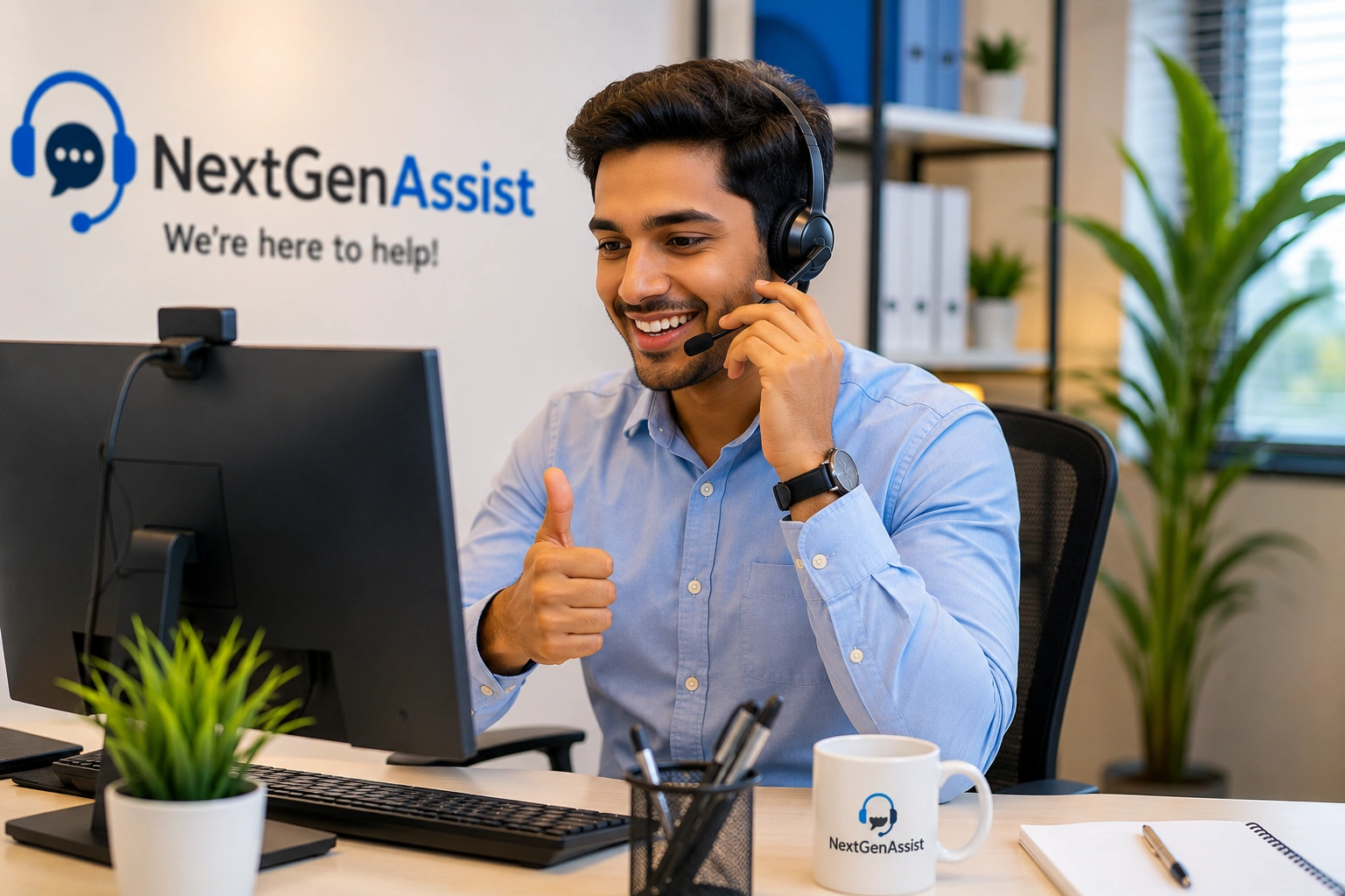 Professional NextGenAssist customer support specialist assisting clients through a desktop computer with a headset