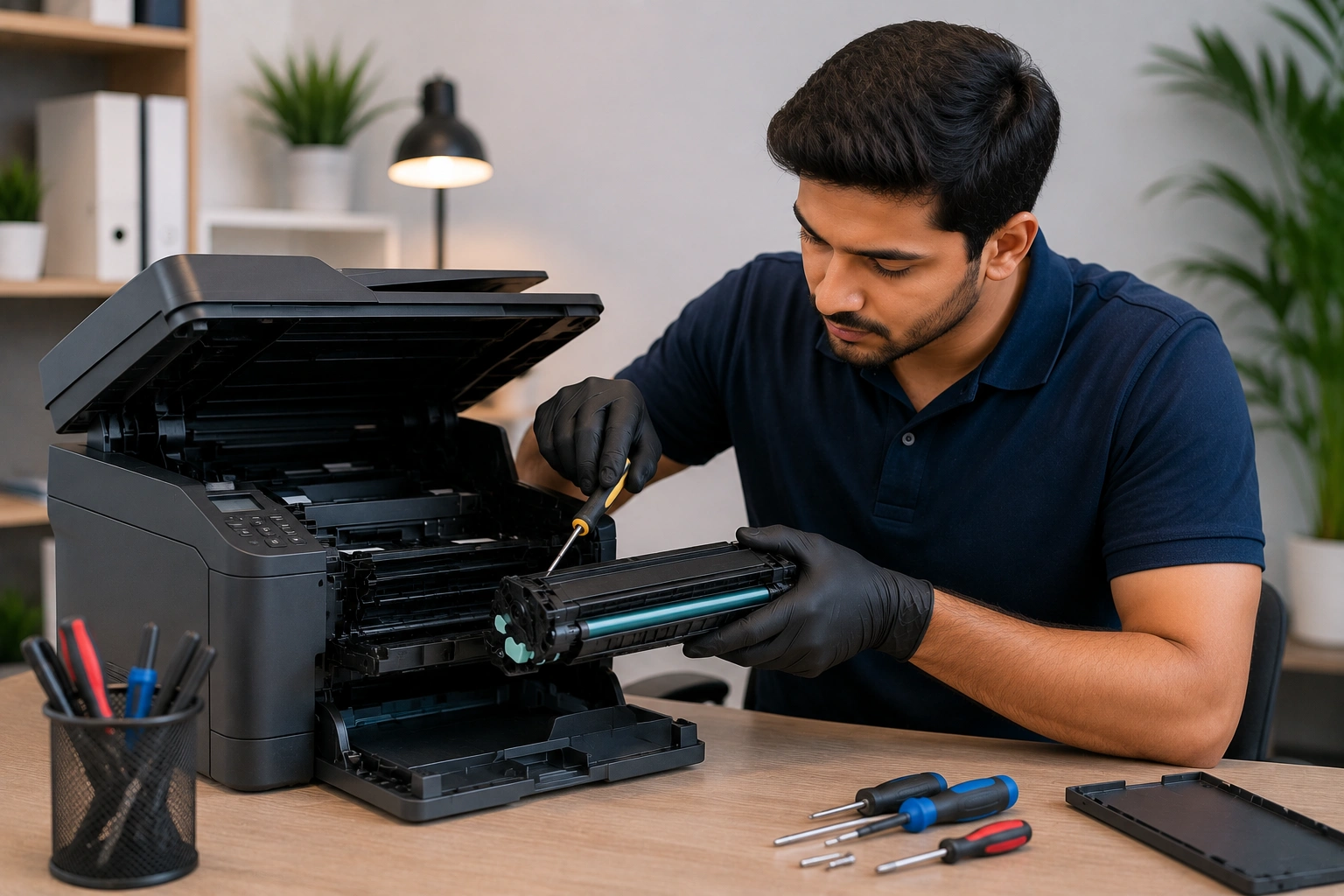 Professional NextGenAssist technician repairing a multifunction office printer with specialized maintenance tools