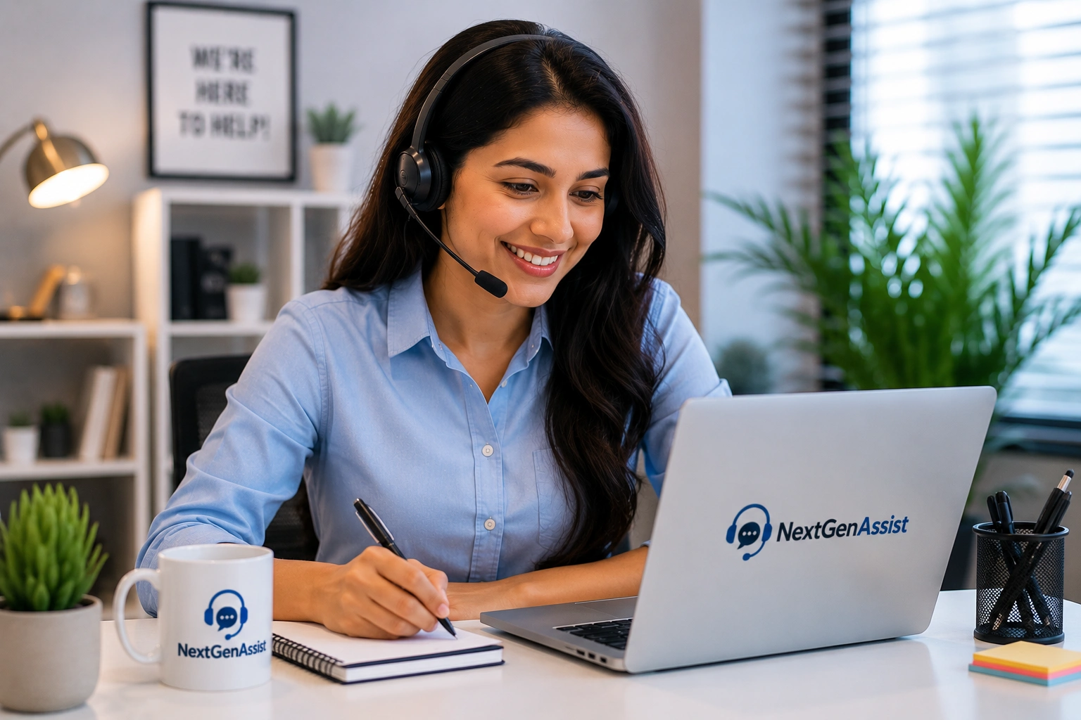 NextGenAssist remote customer support professional assisting clients from a modern home office using a laptop and headset