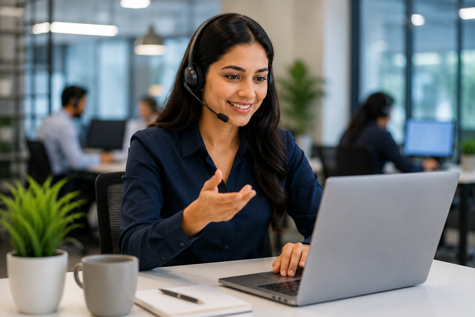 NextGenAssist customer support specialist assisting a client through a laptop in a modern office